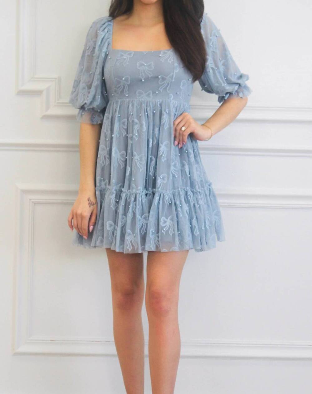 NEW MABLE porsha square neck bow pearl babydoll dress in dusty blue